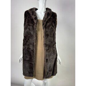 Vintage Faux Fur Hooded Vest Coat Brown Sleeveless Open Front Womens Outerwear